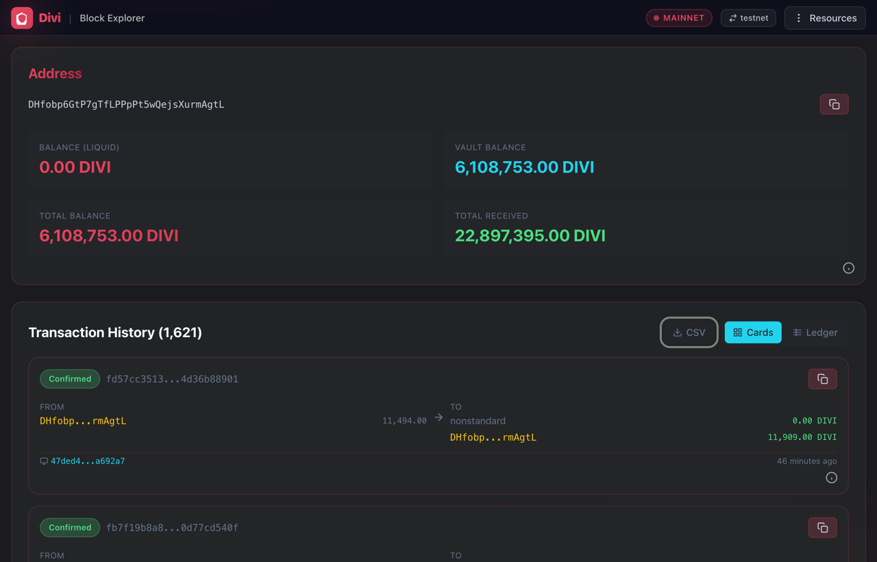 The Transaction History box with the CSV button highlighted.