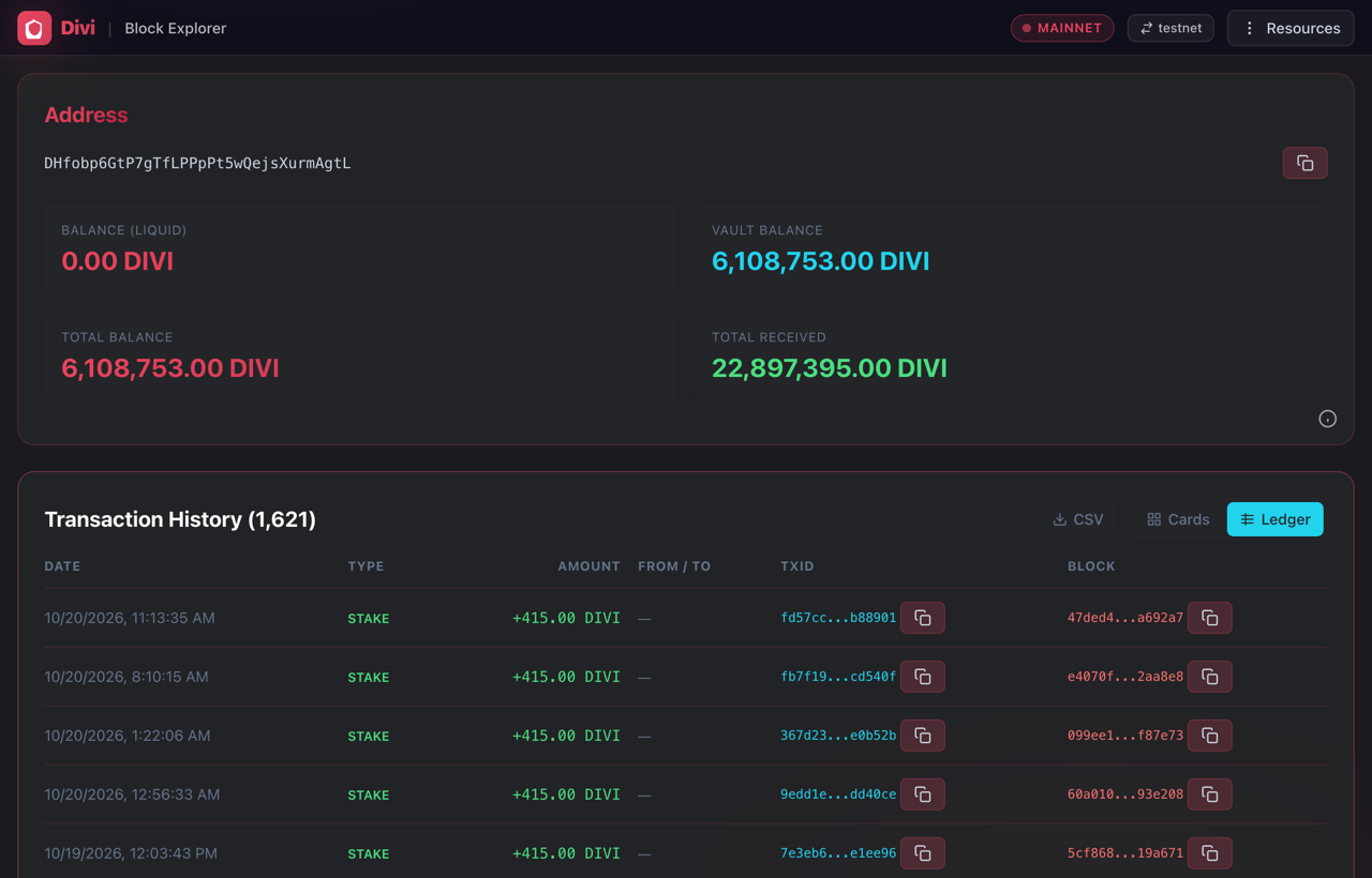 The ledger view of the transaction history with STAKE rows of about 415 DIVI.
