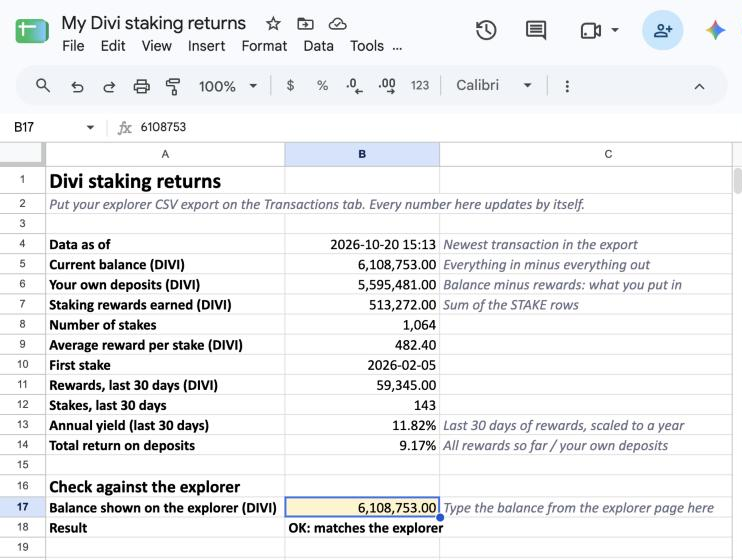 The Summary tab with the explorer balance 6108753 typed into B17 and the result OK: matches the explorer.