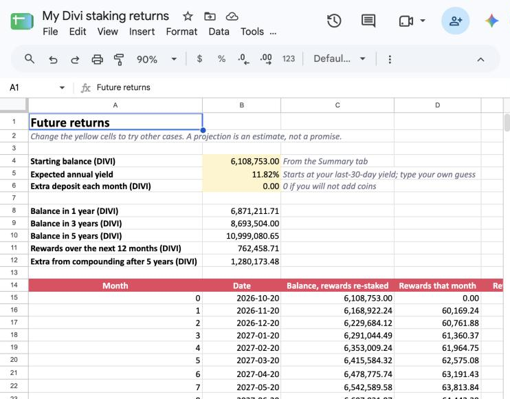 The Projection tab: yellow input cells for starting balance, yield and monthly deposit, and the projected balances in 1, 3 and 5 years.