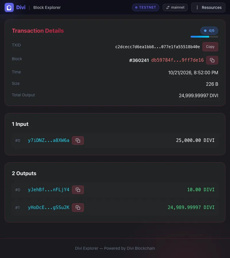 Explorer 2.0 on testnet showing the 10 tDIVI test transaction: one input of 25,000 DIVI, one output of 10 DIVI to the destination and the change returning to the sender, in block 360241